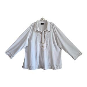 LANE BRYANT Women Plus 3X Tunic Peasant Blouse Embroidered Cream White Brown 54"